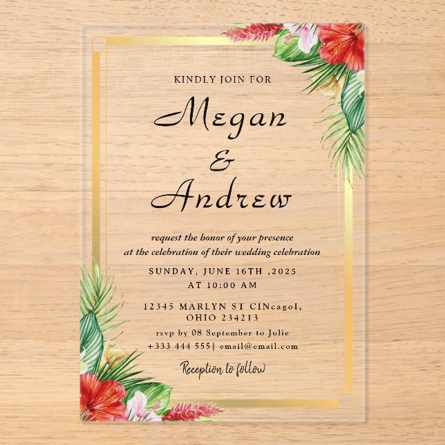 gold  Flowers  Fall Foliage Wedding  Acrylic Invitations (Front)
