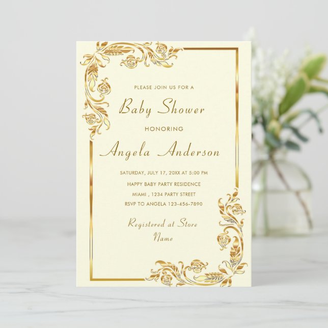 Gold Flowers Framed Baby Girl Shower Invitation (Standing Front)
