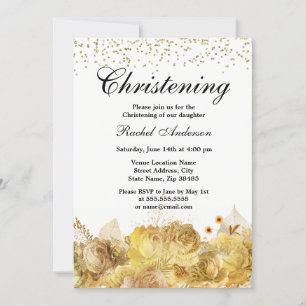 Gold Flowers Glitter Boy Girl Christening Baptism Invitation