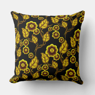 Gold flowers, gold leaves, Folk art floral/black Cushion