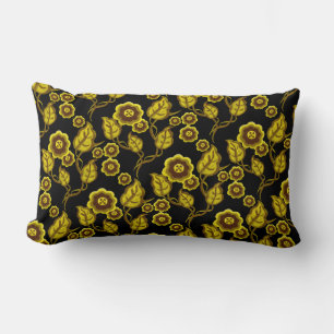 Gold  flowers, gold leaves, Folk art floral/black Lumbar Cushion
