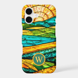 Gold Flowers Green Countryside Faux Stained Glass