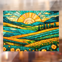 Gold Flowers Green Countryside Faux Stained Glass