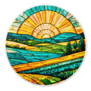 Gold Flowers Green Countryside Faux Stained Glass Ceramic Knob