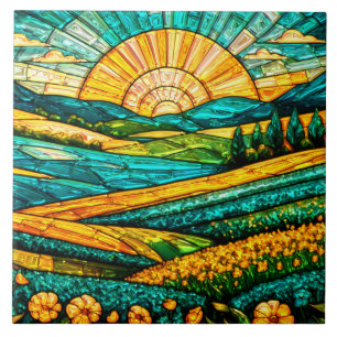 Gold Flowers Green Countryside Faux Stained Glass Ceramic Tile