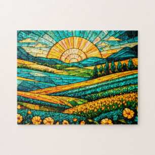Gold Flowers Green Countryside Faux Stained Glass Jigsaw Puzzle