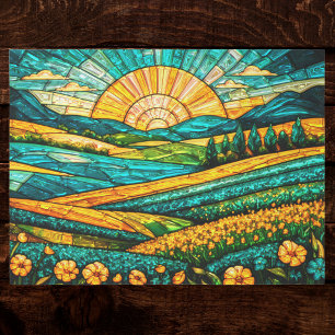Gold Flowers Green Countryside Faux Stained Glass Tissue Paper