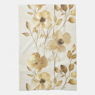 Gold Flowers Inspirational Happy Thoughts Tea Towel