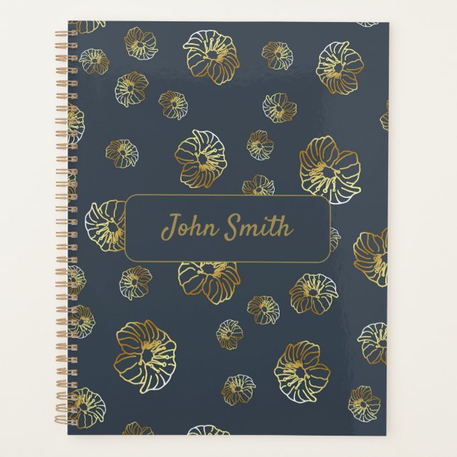 Gold Flowers on Black_ Floral Pattern Script Planner (Front)