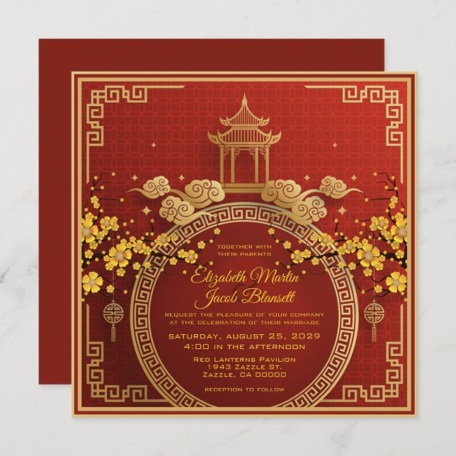 Gold Flowers & Pagoda Red Chinese Wedding Invitati Invitation (Front/Back)
