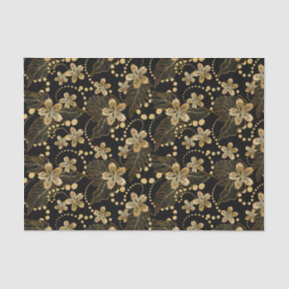 Gold Flowers Pearls and Leaves on Black Decoupage Tissue Paper