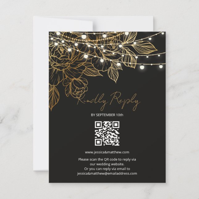 Gold Flowers String Lights Wedding RSVP Card (Front)