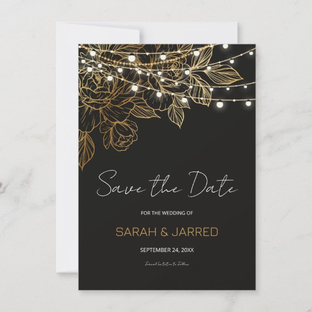 Gold Flowers String Lights Wedding Save The Date (Front)