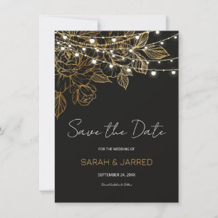 Gold Flowers String Lights Wedding Save The Date