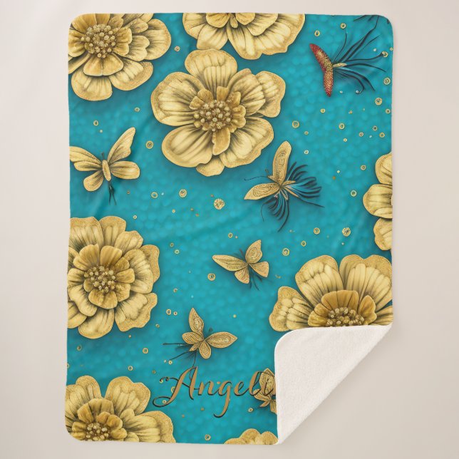 Gold Flowers Teal Background Custom Name Sherpa Blanket (Front)