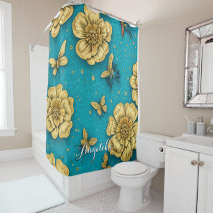 Gold Flowers Teal Background Custom Name Shower Curtain