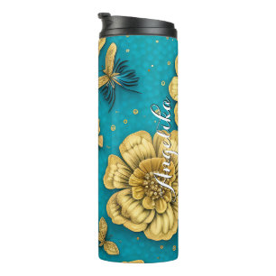 Gold Flowers Teal Background Custom Name Thermal Tumbler