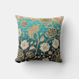 Gold Flowers Turquoise Background Throw Pillow