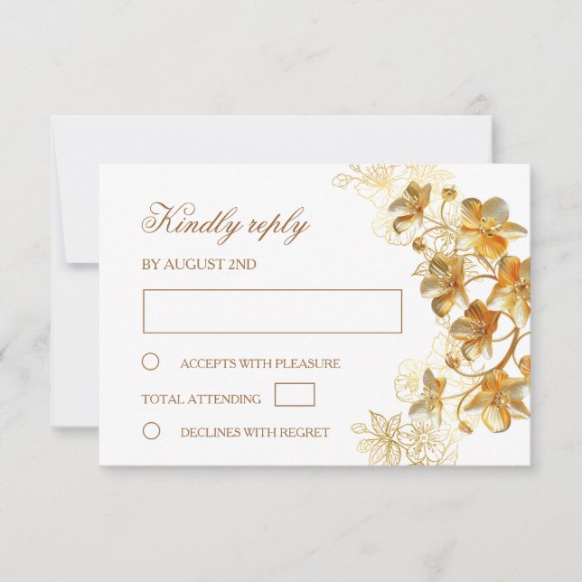 Gold Flowers Wedding RSVP Card (Front)
