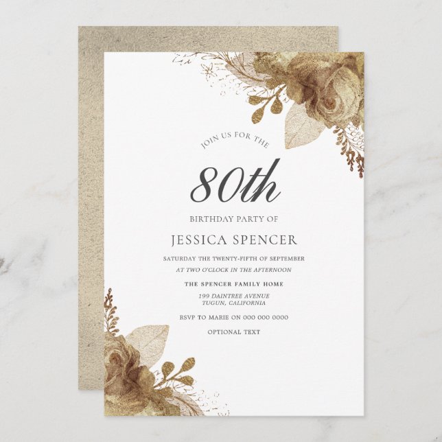 Gold Flowers Womans Mens 80th Birthday Invite (Front/Back)