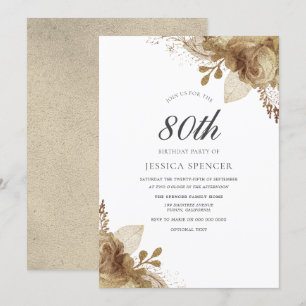 Gold Flowers Womans Mens 80th Birthday Invite
