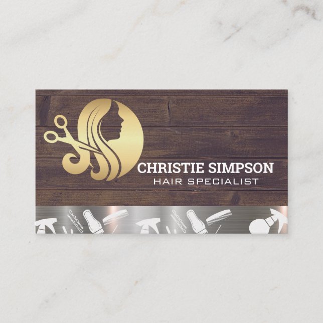 Gold Flowing Hair | Stylist Tools | Salon Business Card (Front)