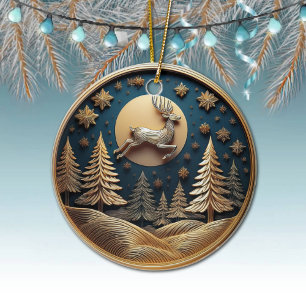 Gold Flying Reindeer, Trees, Moon, Snow, Deer 🦌🎄 Ceramic Ornament