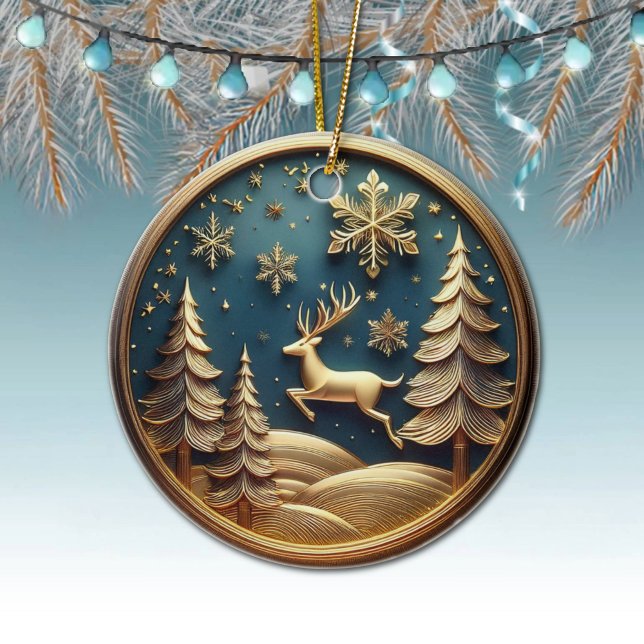 Gold Flying Reindeer, Trees, Snowflakes, Deer 🦌🎄 Ceramic Ornament (Golden Flying Reindeer, Deer Antlers, Trees, Moon, Snowy Night Winter Scene Ornament Front/Back 🦌🎄)