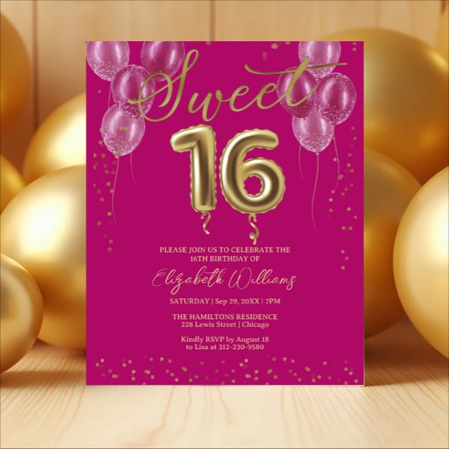 Gold Foil 16 Bday Balloons Pink Budget Invitations (Creator Uploaded)