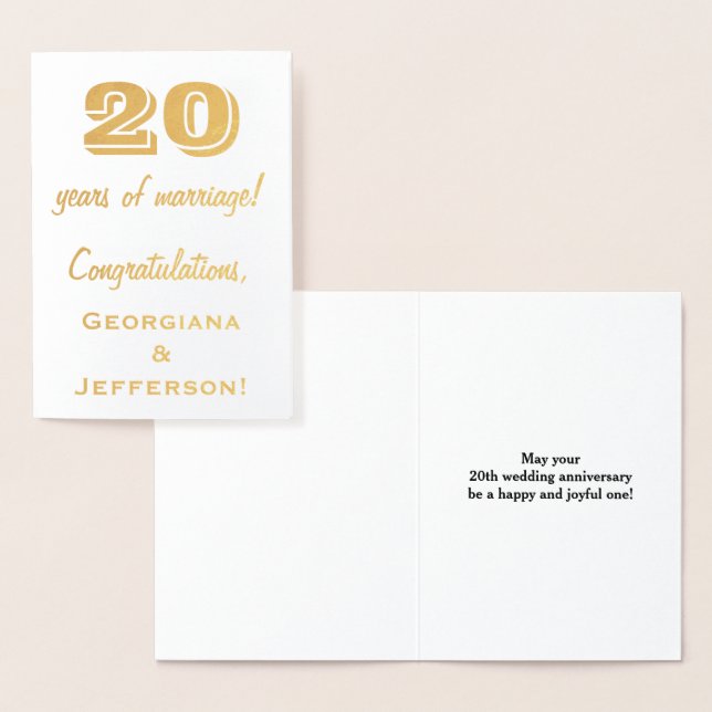 Gold Foil 20th Wedding Anniversary + Custom Names Foil Card (Display)