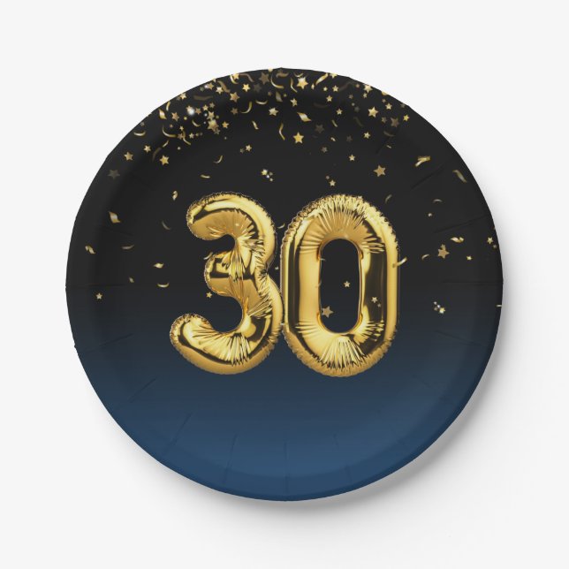 Gold Foil 30 Balloons And Confetti Paper Plate (Front)