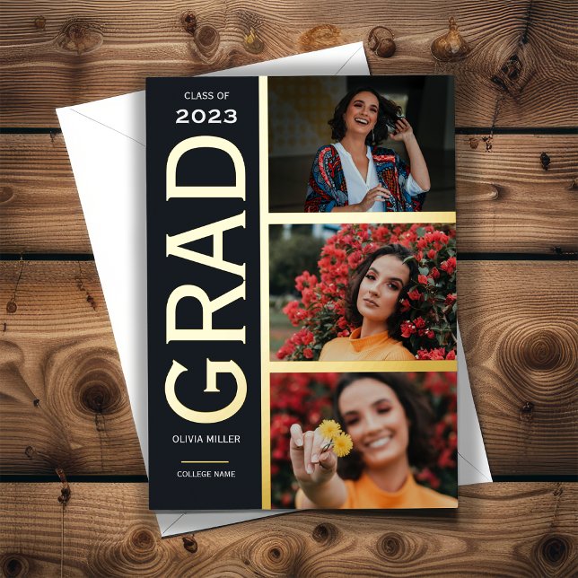 Gold Foil 3 Photo Collage Graduation Announcement (Creator Uploaded)