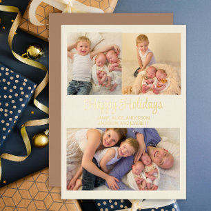 Gold Foil 3 Photo Happy Holidays Family Holiday Card
