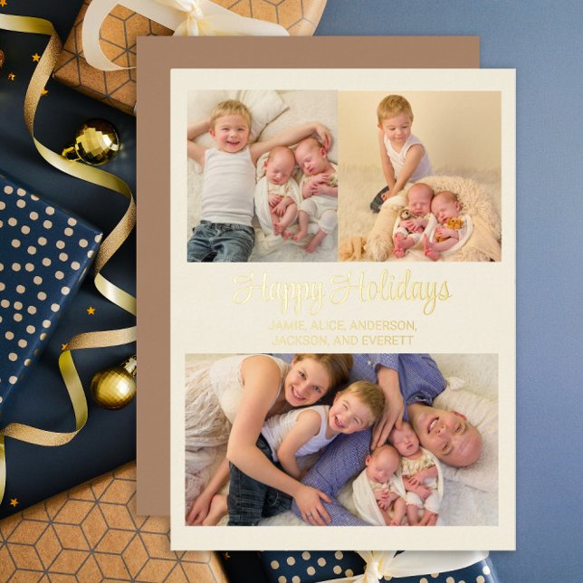 Gold Foil 3 Photo Happy Holidays Family Holiday Card (Creator Uploaded)