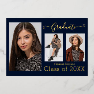 Gold Foil 3 Photo Modern Calligraphy Blu Grad Card
