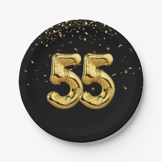 Gold Foil 55 Balloons And Confetti Paper Plate (Front)