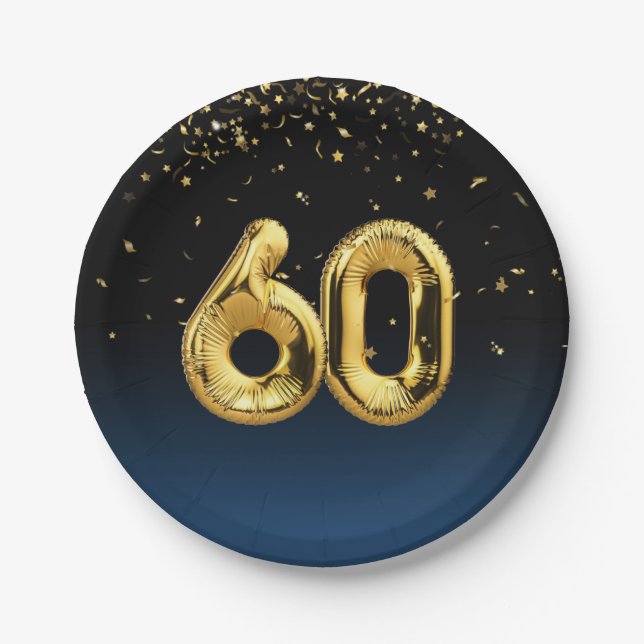 Gold Foil 60 Balloons And Confetti Paper Plate (Front)