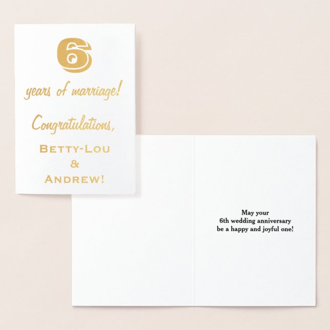 Gold Foil 6th Wedding Anniversary + Custom Names Foil Card (Display)