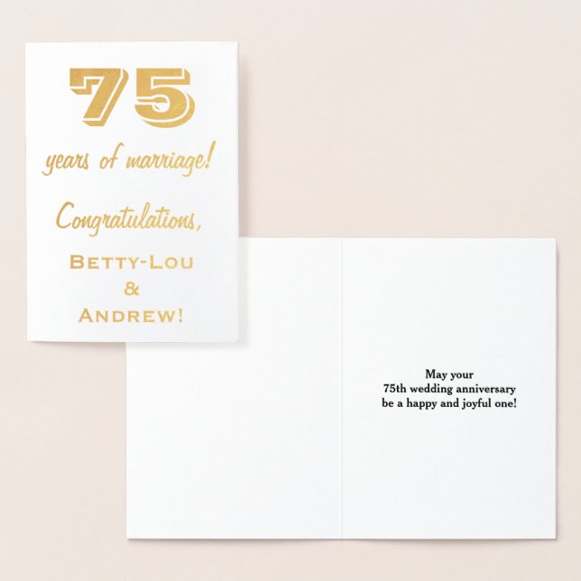 Gold Foil 75th Wedding Anniversary + Custom Names Foil Card (Display)