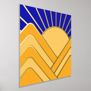 Gold Foil Abstract Landscape Blue Yellow Mountains Foil Prints