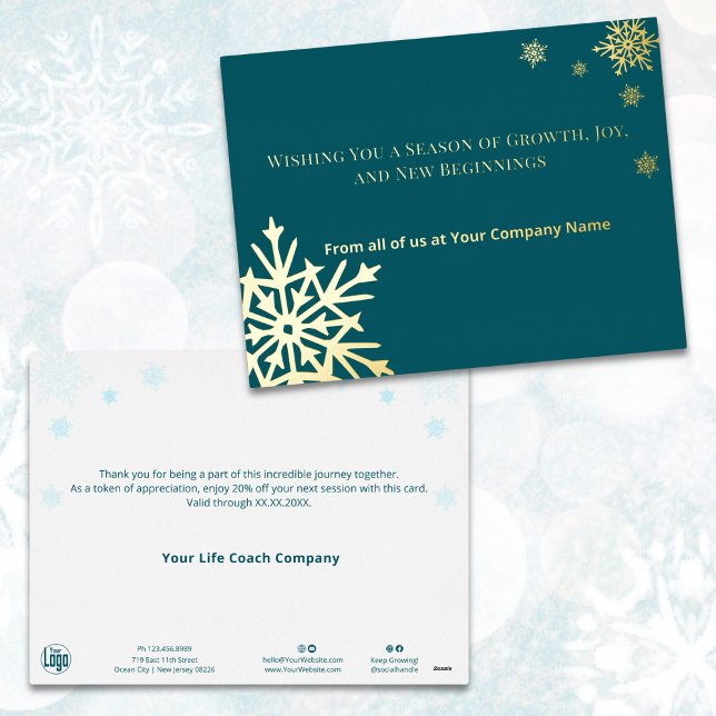 Gold Foil Accents Snowflakes Teal Holiday Card (Business | Company - Gold Foil Accents Snowflakes Teal Holiday Card)