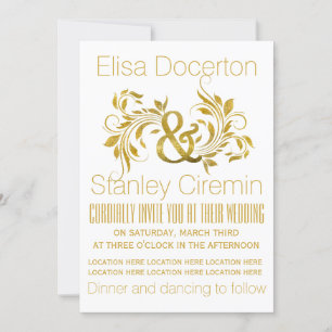 Gold foil ampersand and scroll leaf floral wedding invitation
