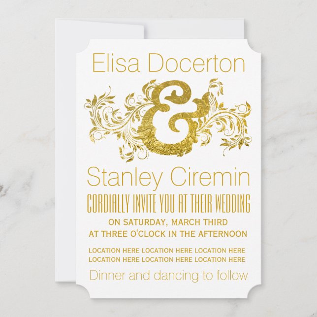 Gold foil ampersand and scroll leaf floral wedding invitation (Front)