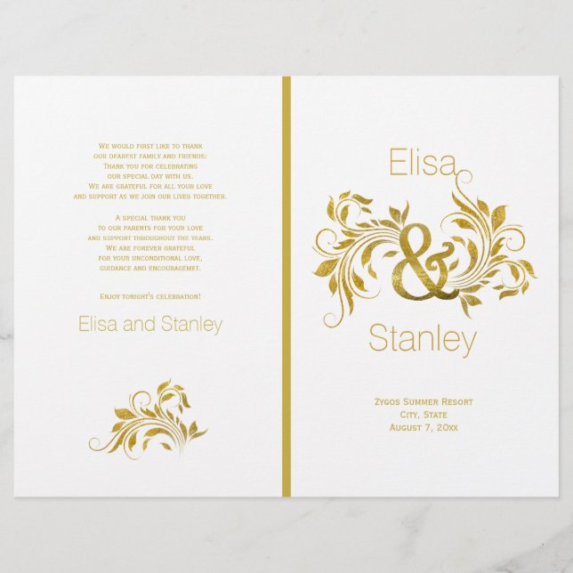Gold foil ampersand scroll leaf wedding program (Front)