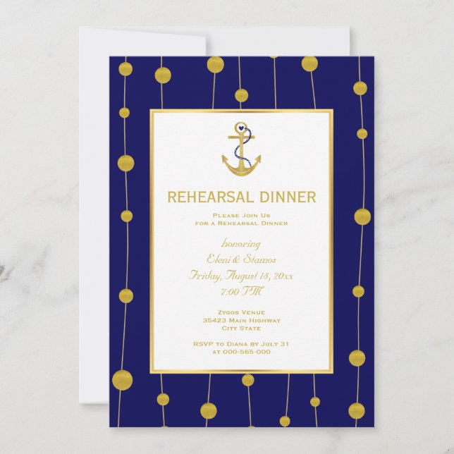 Gold foil anchor nautical wedding rehearsal dinner invitation (Front)