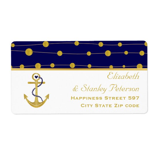 Gold foil anchor navy blue nautical modern wedding shipping label
