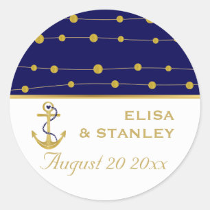 Gold foil anchor navy blue wedding Save the Date Classic Round Sticker