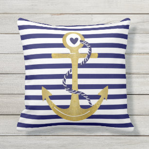 Gold foil anchor navy blue white stripes nautical cushion