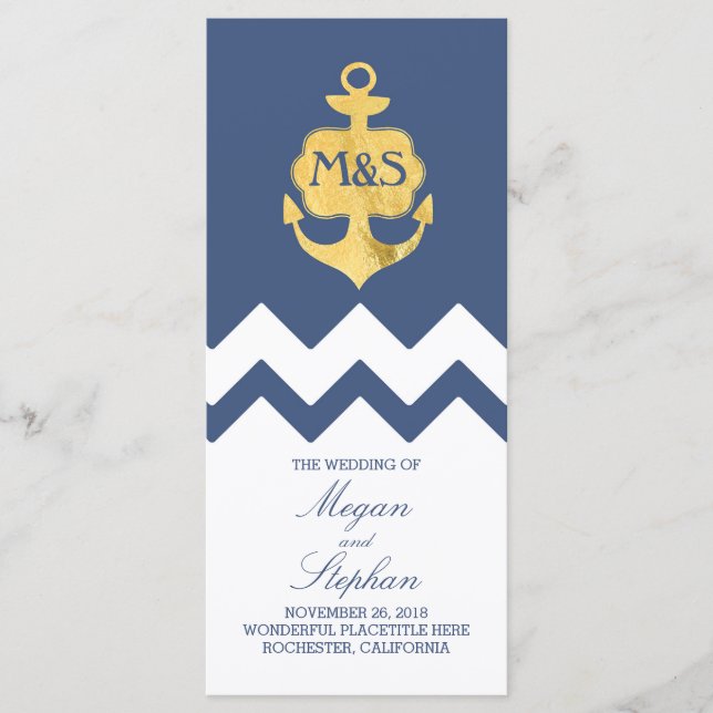 Gold Foil Anchor Navy Nautical Wedding Programs (Front)