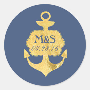 Gold Foil Anchor Navy Wedding Classic Round Sticker